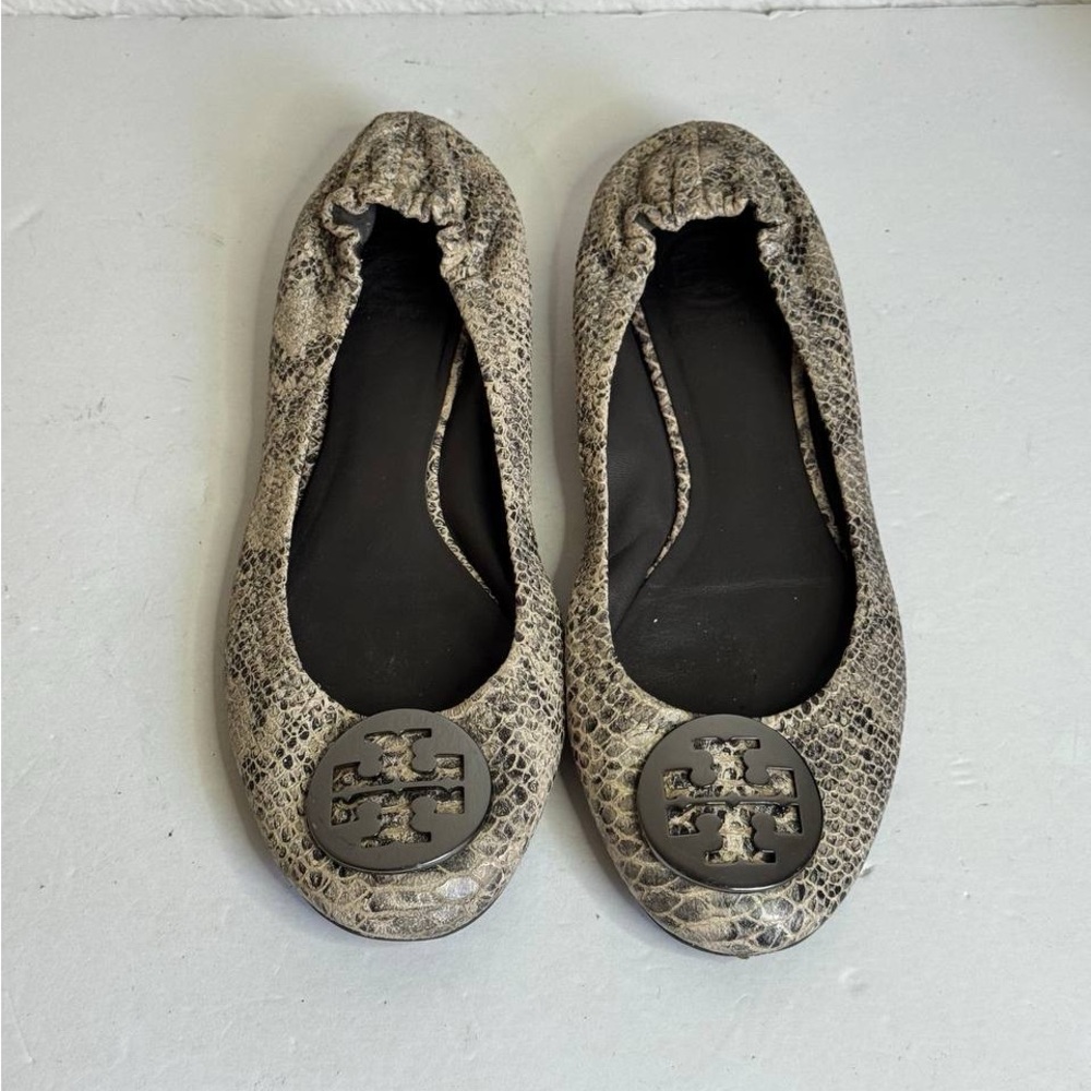 Tory Burch Women's Ballet Flats Size 8M Leather Snake Skin Metal Logo